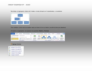 CONALEP TLAQUEPAQUE 077 JALISCO 
Nos dibuja un organigrama básico de 2 niveles, el nivel principal con 3 subordinados y un asistente. 
Para modificar el texto de los recuadros basta con hacer clic en su interior y escribir el texto que deseemos. 
Al insertar un organigrama nos aparecen las pestañas Diseño y Formato. 
Agregar formas 
 
