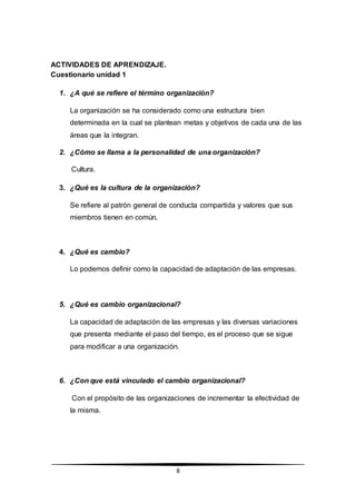 8
ACTIVIDADES DE APRENDIZAJE.
Cuestionario unidad 1
1. ¿A qué se refiere el término organización?
La organización se ha considerado como una estructura bien
determinada en la cual se plantean metas y objetivos de cada una de las
áreas que la integran.
2. ¿Cómo se llama a la personalidad de una organización?
Cultura.
3. ¿Qué es la cultura de la organización?
Se refiere al patrón general de conducta compartida y valores que sus
miembros tienen en común.
4. ¿Qué es cambio?
Lo podemos definir como la capacidad de adaptación de las empresas.
5. ¿Qué es cambio organizacional?
La capacidad de adaptación de las empresas y las diversas variaciones
que presenta mediante el paso del tiempo, es el proceso que se sigue
para modificar a una organización.
6. ¿Con que está vinculado el cambio organizacional?
Con el propósito de las organizaciones de incrementar la efectividad de
la misma.
 