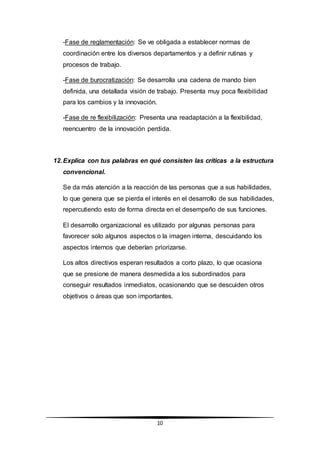 10
-Fase de reglamentación: Se ve obligada a establecer normas de
coordinación entre los diversos departamentos y a definir rutinas y
procesos de trabajo.
-Fase de burocratización: Se desarrolla una cadena de mando bien
definida, una detallada visión de trabajo. Presenta muy poca flexibilidad
para los cambios y la innovación.
-Fase de re flexibilización: Presenta una readaptación a la flexibilidad,
reencuentro de la innovación perdida.
12.Explica con tus palabras en qué consisten las críticas a la estructura
convencional.
Se da más atención a la reacción de las personas que a sus habilidades,
lo que genera que se pierda el interés en el desarrollo de sus habilidades,
repercutiendo esto de forma directa en el desempeño de sus funciones.
El desarrollo organizacional es utilizado por algunas personas para
favorecer solo algunos aspectos o la imagen interna, descuidando los
aspectos internos que deberían priorizarse.
Los altos directivos esperan resultados a corto plazo, lo que ocasiona
que se presione de manera desmedida a los subordinados para
conseguir resultados inmediatos, ocasionando que se descuiden otros
objetivos o áreas que son importantes.
 