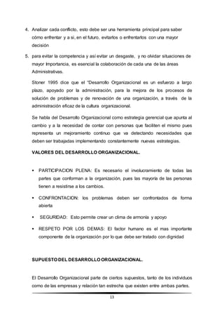 13
4. Analizar cada conflicto, esto debe ser una herramienta principal para saber
cómo enfrentar y a si, en el futuro, evitarlos o enfrentarlos con una mayor
decisión
5. para evitar la competencia y así evitar un desgaste, y no olvidar situaciones de
mayor Importancia, es esencial la colaboración de cada una de las áreas
Administrativas.
Stoner 1995 dice que el “Desarrollo Organizacional es un esfuerzo a largo
plazo, apoyado por la administración, para la mejora de los procesos de
solución de problemas y de renovación de una organización, a través de la
administración eficaz de la cultura organizacional.
Se habla del Desarrollo Organizacional como estrategia gerencial que apunta al
cambio y a la necesidad de contar con personas que faciliten el mismo pues
representa un mejoramiento continuo que va detectando necesidades que
deben ser trabajadas implementando constantemente nuevas estrategias.
VALORES DEL DESARROLLO ORGANIZACIONAL.
 PARTICIPACION PLENA: Es necesario el involucramiento de todas las
partes que conforman a la organización, pues las mayoría de las personas
tienen a resistirse a los cambios.
 CONFRONTACION: los problemas deben ser confrontados de forma
abierta
 SEGURIDAD: Esto permite crear un clima de armonía y apoyo
 RESPETO POR LOS DEMAS: El factor humano es el mas importante
componente de la organización por lo que debe ser tratado con dignidad
SUPUESTO DEL DESARROLLO ORGANIZACIONAL.
El Desarrollo Organizacional parte de ciertos supuestos, tanto de los individuos
como de las empresas y relación tan estrecha que existen entre ambas partes.
 