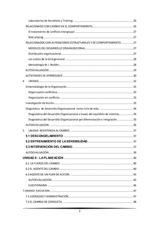 3
Laboratorios de Sensitivity y Training: ..........................................................................26
RELACIONADO CON CAMBIO EN EL COMPORTAMIENTO...................................................26
El tratamiento de conflicto intergrupal.........................................................................27
Role playing................................................................................................................27
RELACIONADOS CON ALTERACIONES ESTRUCTURALES Y DE COMPORTAMIENTO...............27
MODELOS DEL DESARROLLO ORGANIZACIONAL............................................................27
Distribución organizacional..........................................................................................27
Los estilos de la Grid gerencial. ....................................................................................28
Metodología W.J. Reddin:............................................................................................28
AUTOEVALUACIÓN.........................................................................................................29
ACTIVIDADES DE APRENDIZAJE........................................................................................30
4 UNIDAD......................................................................................................................32
Sintomatología de la Organización...................................................................................33
Organización conflictiva...............................................................................................33
Organización sin conflicto............................................................................................33
Investigación de Acción...................................................................................................33
Diagnóstico de desarrollo Organizacional como ciclo de vida...........................................34
Diagnóstico del Desarrollo Organizacional a través del equilibrio de sistemas.................34
Diagnóstico del Desarrollo Organizacional por diferenciacióne integración....................35
AUTOEVALUACION.........................................................................................................36
5 UNIDAD RESISTENCIA AL CAMBIO. ..............................................................................37
5.1 DESCONGELAMIENTO .......................................................................................37
5.2 ENTRENAMIENTO DE LASENSIBILIDAD.........................................................37
5.3 INTERVENCIÓN DEL CAMBIO............................................................................37
AUTOEVALUACIÓN.........................................................................................................39
UNIDAD 6 - LAPLANEACIÓN.......................................................................................40
6.1 LA FUERZA DEL CAMBIO. ..........................................................................................40
6.2 EL AGENTE DEL CAMBIO. ...........................................................................................40
6.3 AGENTE DE UN PLAN DE ACCION. ..............................................................................43
AUTOEVALUACION......................................................................................................45
CUESTIONARIO ...........................................................................................................46
7 UNIDAD EJECUCION........................................................................................................47
7.1 LIDERAZGO Y ADMINISTRACIÓN.................................................................................47
7.2 EL CAMBIO DE CONDUCTA ........................................................................................48
 