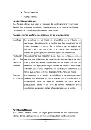 2
 Fuerzas externas
 Fuerzas internas
LAS FUERZAS EXTERNAS:
Las fuerzas externas que crean la necesidad de cambio provienen de diversas
fuentes. Las empresas se adaptan constantemente a los deseos cambiantes
de los consumidores al desarrollar nuevas capacidades.
Fuerzas externas que fomentan el cambio en las organizaciones
tecnología La tecnología de las líneas de ensamblaje en la industria es
cambiando dramáticamente a medida que las organizaciones el
trabajo humano con robots. En la industria de las tarjetas de
felicitación el correo electrónico y el internet han cambiado la
manera en que las personas cambian tarjetas de presentación.
Fluctuación
de los
mercados
laborales
Organizaciones que necesitan ciertos tipos de empleados deben
cambiar sus actividades de gerencia de recursos humanos para
traer y tener empleados capacitados en las áreas que más se
necesitan. Por ejemplo las organizaciones de atención medica que
enfrentan una escasez importantes de cuidados de enfermería han
tenido que cambiar su forma de programar las horas de trabajo
Cambios
económicos
Las presiones de la recesión global obligan a las organizaciones a
volverse más eficientes en costos. Aun es una economía sólida la
incertidumbre sobre las tasas de intereses, los déficit de los
presupuestos federal y los tipos de cambio monetarios crean
condiciones que pueden obligar a las organizaciones a cambio.
FUERZAS INTERNAS:
Las fuerzas internas tienen su origen principalmente en las operaciones
internas de las organizaciones o provienen del impacto de cambios externos.
 