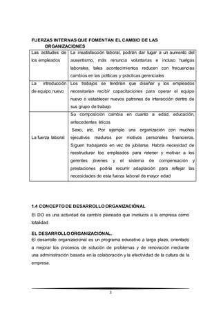 3
FUERZAS INTERNAS QUE FOMENTAN EL CAMBIO DE LAS
ORGANIZACIONES
Las actitudes de
los empleados
La insatisfacción laboral, podrán dar lugar a un aumento del
ausentismo, más renuncia voluntarias e incluso huelgas
laborales, tales acontecimientos reducen con frecuencias
cambios en las políticas y prácticas gerenciales
La introducción
de equipo nuevo
Los trabajos se tendrían que diseñar y los empleados
necesitarían recibir capacitaciones para operar el equipo
nuevo o establecer nuevos patrones de interacción dentro de
sus grupo de trabajo
La fuerza laboral
Su composición cambia en cuanto a edad, educación,
antecedentes éticos
Sexo, etc. Por ejemplo una organización con muchos
ejecutivos maduros por motivos personales financieros.
Siguen trabajando en vez de jubilarse. Habría necesidad de
reestructurar loe empleados para retener y motivar a los
gerentes jóvenes y el sistema de compensación y
prestaciones podría recurrir adaptación para reflejar las
necesidades de esta fuerza laboral de mayor edad
1.4 CONCEPTO DE DESARROLLO ORGANIZACIÓNAL
El DO es una actividad de cambio planeado que involucra a la empresa como
totalidad
EL DESARROLLO ORGANIZACIONAL.
El desarrollo organizacional es un programa educativo a largo plazo, orientado
a mejorar los procesos de solución de problemas y de renovación mediante
una administración basada en la colaboración y la efectividad de la cultura de la
empresa.
 