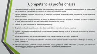 Competencias profesionales
1. Diseña planeaciones didácticas, aplicando sus conocimientos pedagógicos y disciplinares para responder a las necesidades
del contexto en el marco del plan y programas de estudio de la educación básica.
2. Genera ambientes formativos para propiciar la autonomía y promover el desarrollo de las competencias en los alumnos de
educación básica.
3. Aplica críticamente el plan y programas de estudio de la educación básica para alcanzar los propósitos educativos y contribuir
al pleno desenvolvimiento de las capacidades de los alumnos del nivel escolar.
4. Usa las TIC como herramienta de enseñanza y aprendizaje.
5. Emplea la evaluación para intervenir en los diferentes ámbitos y momentos de la tarea educativa.
6. Propicia y regula espacios de aprendizaje incluyentes para todos los alumnos, con el fin de promover la convivencia, el respeto
y la aceptación.
7. Actúa de manera ética ante la diversidad de situaciones que se presentan en la práctica profesional.
8. Utiliza recursos de la investigación educativa para enriquecer la práctica docente, expresando su interés por la ciencia y la
propia investigación.
9. Interviene de manera colaborativa con la comunidad escolar, padres de familia, autoridades y docentes, en la toma de
decisiones y en el desarrollo de alternativas de solución a problemáticas socioeducativas.
LEP BINE Mónica Analín Luna Chti
 