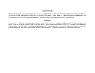ARGUMENTACIÓN
EN ESTE ÚLTIMO BLOQUE, EL ALUMNOS DEBE EXPLORAR LAS POSIBILIDADES DE EXPRESIÓN ORAL, CORPORAL Y GESTUAL, COMO UNA FORMA INTENCIONAL
DE EXPRESAR SUS IDEAS, PENSAMIENTOS Y EMOCIONES, REFLEXIONANDO Y LLEVANDO A LA PRÁCTICA ESTOS ELEMENTOS A TRAVÉS DE LA REPRESENTACIÓN
DE PERSONAJES, PERO PARA ELLO, ES NECESARIO QUE EMPLEE TODAS LAS HERRAMIENTAS ADQUIRIDAS DURANTE EL CICLO ESCOLAR.
REFLEXIÓN.
LOS ALUMNOS AHORA SE CONOCEN Y CONOCEN LA ASIGNATURA, COMPRENDEN MUY BIEN EL TIPO DE APRENDIZAJE LÚDICO QUE EMPLEA EL TEATRO, NOS HEMOS DIVERTIDO
MUCHO, AL PRINCIPIO LES COSTABA LEVANTARSE DE SU PUPITRE Y SENTARSE EN EL PISO, SALIR AL PATIO Y PROPONER EJERCICIOS. POCO A POCO ESTO HA IDO CAMBIANDO Y
SÉ QUE LOS QUE AÚN NO SE ADAPTAN, IRÁN COMPRENDIENDO QUE EL CONOCIMIENTO PUEDE SER DIVERTIDO. AL PRINCIPIO ME PREOCUPABAN UN POCO LOS ALUMNOS CON
CAPACIDADES DIFERENTES, PARA LOS QUE LO REQUIRIERON, HICE LIGERAS ADAPTACIONES EN EL SEGUNDO BLOQUE Y AL PARECER FUNCIONARON BSTANTE BIEN.
 