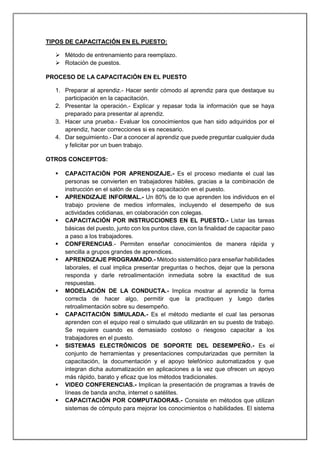 TIPOS DE CAPACITACIÓN EN EL PUESTO:
 Método de entrenamiento para reemplazo.
 Rotación de puestos.
PROCESO DE LA CAPACITACIÓN EN EL PUESTO
1. Preparar al aprendiz.- Hacer sentir cómodo al aprendiz para que destaque su
participación en la capacitación.
2. Presentar la operación.- Explicar y repasar toda la información que se haya
preparado para presentar al aprendiz.
3. Hacer una prueba.- Evaluar los conocimientos que han sido adquiridos por el
aprendiz, hacer correcciones si es necesario.
4. Dar seguimiento.- Dar a conocer al aprendiz que puede preguntar cualquier duda
y felicitar por un buen trabajo.
OTROS CONCEPTOS:
 CAPACITACIÓN POR APRENDIZAJE.- Es el proceso mediante el cual las
personas se convierten en trabajadores hábiles, gracias a la combinación de
instrucción en el salón de clases y capacitación en el puesto.
 APRENDIZAJE INFORMAL.- Un 80% de lo que aprenden los individuos en el
trabajo proviene de medios informales, incluyendo el desempeño de sus
actividades cotidianas, en colaboración con colegas.
 CAPACITACIÓN POR INSTRUCCIONES EN EL PUESTO.- Listar las tareas
básicas del puesto, junto con los puntos clave, con la finalidad de capacitar paso
a paso a los trabajadores.
 CONFERENCIAS.- Permiten enseñar conocimientos de manera rápida y
sencilla a grupos grandes de aprendices.
 APRENDIZAJE PROGRAMADO.- Método sistemático para enseñar habilidades
laborales, el cual implica presentar preguntas o hechos, dejar que la persona
responda y darle retroalimentación inmediata sobre la exactitud de sus
respuestas.
 MODELACIÓN DE LA CONDUCTA.- Implica mostrar al aprendiz la forma
correcta de hacer algo, permitir que la practiquen y luego darles
retroalimentación sobre su desempeño.
 CAPACITACIÓN SIMULADA.- Es el método mediante el cual las personas
aprenden con el equipo real o simulado que utilizarán en su puesto de trabajo.
Se requiere cuando es demasiado costoso o riesgoso capacitar a los
trabajadores en el puesto.
 SISTEMAS ELECTRÓNICOS DE SOPORTE DEL DESEMPEÑO.- Es el
conjunto de herramientas y presentaciones computarizadas que permiten la
capacitación, la documentación y el apoyo telefónico automatizados y que
integran dicha automatización en aplicaciones a la vez que ofrecen un apoyo
más rápido, barato y eficaz que los métodos tradicionales.
 VIDEO CONFERENCIAS.- Implican la presentación de programas a través de
líneas de banda ancha, internet o satélites.
 CAPACITACIÓN POR COMPUTADORAS.- Consiste en métodos que utilizan
sistemas de cómputo para mejorar los conocimientos o habilidades. El sistema
 