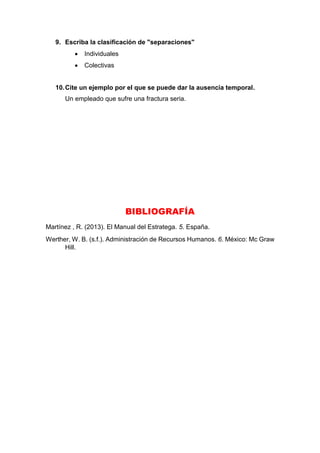 9. Escriba la clasificación de "separaciones"
 Individuales
 Colectivas
10.Cite un ejemplo por el que se puede dar la ausencia temporal.
Un empleado que sufre una fractura seria.
BIBLIOGRAFÍA
Martínez , R. (2013). El Manual del Estratega. 5. España.
Werther, W. B. (s.f.). Administración de Recursos Humanos. 6. México: Mc Graw
Hill.
 