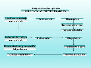 Programa Salud Ocupacional
Ambiente de trabajo
no saludable
Enfermedad Diagnóstico
Tratamiento y cura
Persona saludable
Ambiente de trabajo
no saludable
Enfermedad Diagnóstico
Tratamiento y cura
Persona SaludableAmbiente saludable
Reconocimiento y evaluación
del problema
RELACION AMBIENTE TRABAJO
 