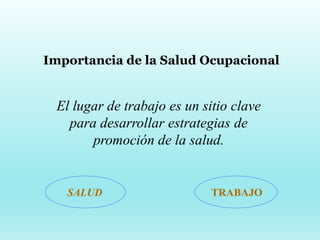 Importancia de la Salud Ocupacional
El lugar de trabajo es un sitio clave
para desarrollar estrategias de
promoción de la salud.
SALUD TRABAJO
 