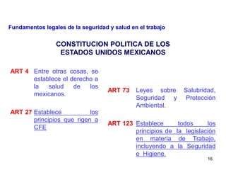 16
ART 4 Entre otras cosas, se
establece el derecho a
la salud de los
mexicanos.
ART 27 Establece los
principios que rigen a
CFE
ART 73 Leyes sobre Salubridad,
Seguridad y Protección
Ambiental.
ART 123 Establece todos los
principios de la legislación
en materia de Trabajo,
incluyendo a la Seguridad
e Higiene.
CONSTITUCION POLITICA DE LOS
ESTADOS UNIDOS MEXICANOS
Fundamentos legales de la seguridad y salud en el trabajo
 