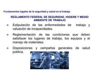  Estipulación de las enfermedades de trabajo y
valuación de incapacidades.
 Reglamentación de las condiciones que deben
satisfacer los lugares de trabajo, los equipos y el
manejo de materiales.
 Disposiciones y campañas generales de salud
pública.
REGLAMENTO FEDERAL DE SEGURIDAD, HIGIENE Y MEDIO
AMBIENTE DE TRABAJO
Fundamentos legales de la seguridad y salud en el trabajo
 