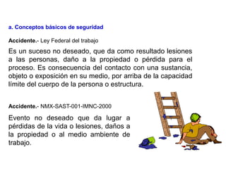 Es un suceso no deseado, que da como resultado lesiones
a las personas, daño a la propiedad o pérdida para el
proceso. Es consecuencia del contacto con una sustancia,
objeto o exposición en su medio, por arriba de la capacidad
límite del cuerpo de la persona o estructura.
Evento no deseado que da lugar a
pérdidas de la vida o lesiones, daños a
la propiedad o al medio ambiente de
trabajo.
Accidente.- NMX-SAST-001-IMNC-2000
Accidente.- Ley Federal del trabajo
a. Conceptos básicos de seguridad
 