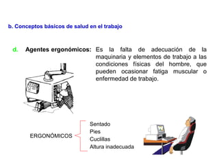 d. Agentes ergonómicos: Es la falta de adecuación de la
maquinaria y elementos de trabajo a las
condiciones físicas del hombre, que
pueden ocasionar fatiga muscular o
enfermedad de trabajo.
ERGONÓMICOS
Sentado
Pies
Cuclillas
Altura inadecuada
b. Conceptos básicos de salud en el trabajo
 