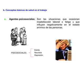 e. Agentes psícosociales: Son las situaciones que ocasionan
insatisfacción laboral o fatiga y que
influyen negativamente en el estado
anímico de las personas.
PSICOSOCIALES
Estrés
Neurósis
Depresión
b. Conceptos básicos de salud en el trabajo
 