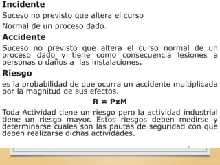 Incidente
Suceso no previsto que altera el curso
Normal de un proceso dado.
Accidente
Suceso no previsto que altera el curso normal de un
proceso dado y tiene como consecuencia lesiones a
personas o daños a las instalaciones.
Riesgo
es la probabilidad de que ocurra un accidente multiplicada
por la magnitud de sus efectos.
R = PxM
Toda Actividad tiene un riesgo pero la actividad industrial
tiene un riesgo mayor. Estos riesgos deben medirse y
determinarse cuales son las pautas de seguridad con que
deben realizarse dichas actividades.
6
 