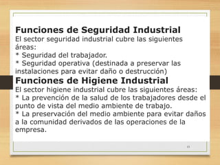 15
Funciones de Seguridad Industrial
El sector seguridad industrial cubre las siguientes
áreas:
* Seguridad del trabajador.
* Seguridad operativa (destinada a preservar las
instalaciones para evitar daño o destrucción)
Funciones de Higiene Industrial
El sector higiene industrial cubre las siguientes áreas:
* La prevención de la salud de los trabajadores desde el
punto de vista del medio ambiente de trabajo.
* La preservación del medio ambiente para evitar daños
a la comunidad derivados de las operaciones de la
empresa.
 