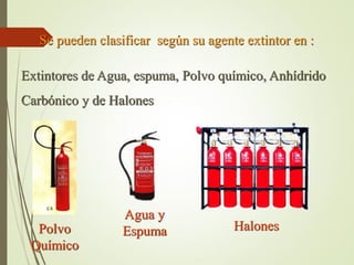 Se pueden clasificar según su agente extintor en :
Extintores de Agua, espuma, Polvo químico, Anhídrido
Carbónico y de Halones
HalonesPolvo
Químico
Agua y
Espuma
 