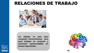 RELACIONES DE TRABAJO
15
Un dialogo no solo para
compartir conocimientos sino
para trabajar en conjunto y
encontrar oportunidades en
temas importantes.
 