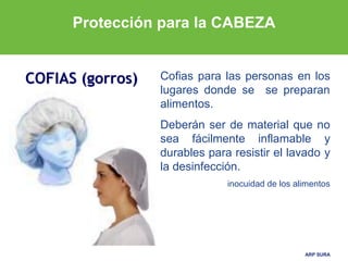 ARP SURAARP SURA
COFIAS (gorros) Cofias para las personas en los
lugares donde se se preparan
alimentos.
Deberán ser de material que no
sea fácilmente inflamable y
durables para resistir el lavado y
la desinfección.
inocuidad de los alimentos
Protección para la CABEZA
 