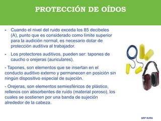 ARP SURAARP SURA
PROTECCIÓN DE OÍDOS
- Cuando el nivel del ruido exceda los 85 decibeles
(A), punto que es considerado como límite superior
para la audición normal, es necesario dotar de
protección auditiva al trabajador.
- Los protectores auditivos, pueden ser: tapones de
caucho o orejeras (auriculares).
- Tapones, son elementos que se insertan en el
conducto auditivo externo y permanecen en posición sin
ningún dispositivo especial de sujeción.
- Orejeras, son elementos semiesféricos de plástico,
rellenos con absorbentes de ruido (material poroso), los
cuales se sostienen por una banda de sujeción
alrededor de la cabeza.
 