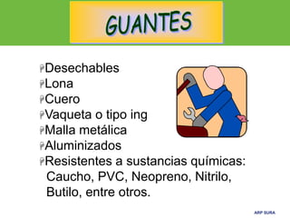 ARP SURAARP SURA
Desechables
Lona
Cuero
Vaqueta o tipo ing
Malla metálica
Aluminizados
Resistentes a sustancias químicas:
Caucho, PVC, Neopreno, Nitrilo,
Butilo, entre otros.
 