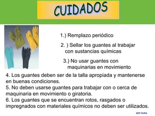 ARP SURAARP SURA
1.) Remplazo periódico
2. ) Sellar los guantes al trabajar
con sustancias químicas
3.) No usar guantes con
maquinarias en movimiento
4. Los guantes deben ser de la talla apropiada y mantenerse
en buenas condiciones.
5. No deben usarse guantes para trabajar con o cerca de
maquinaria en movimiento o giratoria.
6. Los guantes que se encuentran rotos, rasgados o
impregnados con materiales químicos no deben ser utilizados.
 