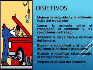 OBJETIVOS
 Mejorar la seguridad y el ambiente
físico del trabajador
 Lograr la armonía entre el
trabajador, el ambiente y las
condiciones de trabajo
 Aminorar la carga física y nerviosa
del hombre.
 Buscar la comodidad y el confort
así como la eficiencia productiva
 Reducir o modificar técnicamente
el trabajo repetitivo.
 Mejorar la calidad del producto
6
 