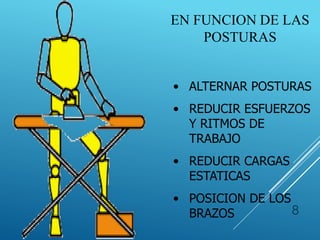 8
EN FUNCION DE LAS
POSTURAS
• ALTERNAR POSTURAS
• REDUCIR ESFUERZOS
Y RITMOS DE
TRABAJO
• REDUCIR CARGAS
ESTATICAS
• POSICION DE LOS
BRAZOS
 