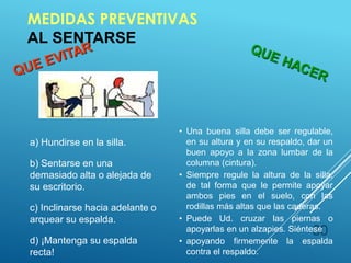 MEDIDAS PREVENTIVAS
AL SENTARSE
30
a) Hundirse en la silla.
b) Sentarse en una
demasiado alta o alejada de
su escritorio.
c) Inclinarse hacia adelante o
arquear su espalda.
d) ¡Mantenga su espalda
recta!
• Una buena silla debe ser regulable,
en su altura y en su respaldo, dar un
buen apoyo a la zona lumbar de la
columna (cintura).
• Siempre regule la altura de la silla,
de tal forma que le permite apoyar
ambos pies en el suelo, con las
rodillas más altas que las caderas.
• Puede Ud. cruzar las piernas o
apoyarlas en un alzapies. Siéntese
• apoyando firmemente la espalda
contra el respaldo.
 