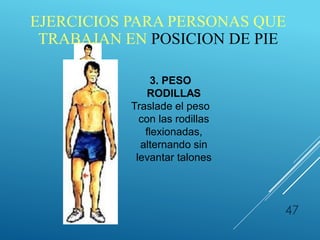 47
3. PESO
RODILLAS
Traslade el peso
con las rodillas
flexionadas,
alternando sin
levantar talones
EJERCICIOS PARA PERSONAS QUE
TRABAJAN EN POSICION DE PIE
 