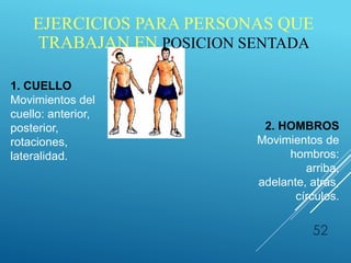 52
1. CUELLO
Movimientos del
cuello: anterior,
posterior,
rotaciones,
lateralidad.
2. HOMBROS
Movimientos de
hombros:
arriba,
adelante, atrás,
círculos.
EJERCICIOS PARA PERSONAS QUE
TRABAJAN EN POSICION SENTADA
 