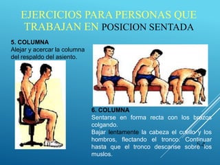 54
5. COLUMNA
Alejar y acercar la columna
del respaldo del asiento.
6. COLUMNA
Sentarse en forma recta con los brazos
colgando.
Bajar lentamente la cabeza el cuello y los
hombros, flectando el tronco. Continuar
hasta que el tronco descanse sobre los
muslos.
EJERCICIOS PARA PERSONAS QUE
TRABAJAN EN POSICION SENTADA
 
