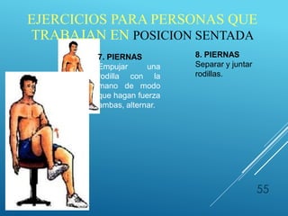 55
7. PIERNAS
Empujar una
rodilla con la
mano de modo
que hagan fuerza
ambas, alternar.
8. PIERNAS
Separar y juntar
rodillas.
EJERCICIOS PARA PERSONAS QUE
TRABAJAN EN POSICION SENTADA
 