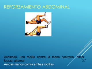 REFORZAMIENTO ABDOMINAL
57
Acostado, una rodilla contra la mano contraria, hacer
fuerza, alternar.
Ambas manos contra ambas rodillas.
 