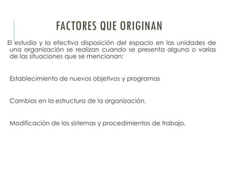 FACTORES QUE ORIGINAN
El estudio y la efectiva disposición del espacio en las unidades de
una organización se realizan cuando se presenta alguna o varias
de las situaciones que se mencionan:
Establecimiento de nuevos objetivos y programas
Cambios en la estructura de la organización.
Modificación de los sistemas y procedimientos de trabajo.
 