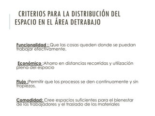 CRITERIOS PARA LA DISTRIBUCIÓN DEL
ESPACIO EN EL ÁREA DETRABAJO
Funcionalidad : Que las cosas queden donde se puedan
trabajar efectivamente.
Económico :Ahorro en distancias recorridas y utilización
plena del espacio
Flujo :Permitir que los procesos se den continuamente y sin
tropiezos.
Comodidad: Cree espacios suficientes para el bienestar
de los trabajadores y el traslado de los materiales
 