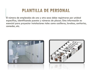 El número de empleados de uno y otro sexo debe registrarse por unidad
específica, identificando puestos y números de plazas. Esta información es
esencial para proyectar instalaciones tales como casilleros, lavabos, sanitarios,
comedor, etc.
 