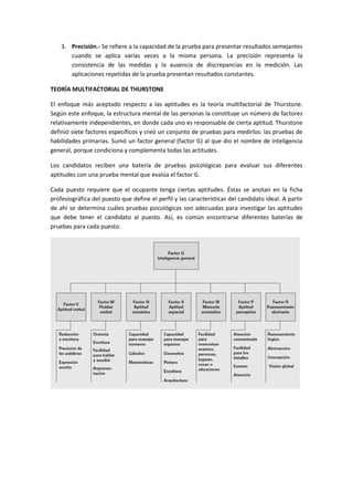 3. Precisión.- Se refiere a la capacidad de la prueba para presentar resultados semejantes
cuando se aplica varias veces a la misma persona. La precisión representa la
consistencia de las medidas y la ausencia de discrepancias en la medición. Las
aplicaciones repetidas de la prueba presentan resultados constantes.
TEORÍA MULTIFACTORIAL DE THURSTONE
El enfoque más aceptado respecto a las aptitudes es la teoría multifactorial de Thurstone.
Según este enfoque, la estructura mental de las personas la constituye un número de factores
relativamente independientes, en donde cada uno es responsable de cierta aptitud. Thurstone
definió siete factores específicos y creó un conjunto de pruebas para medirlos: las pruebas de
habilidades primarias. Sumó un factor general (factor G) al que dio el nombre de inteligencia
general, porque condiciona y complementa todas las actitudes.
Los candidatos reciben una batería de pruebas psicológicas para evaluar sus diferentes
aptitudes con una prueba mental que evalúa el factor G.
Cada puesto requiere que el ocupante tenga ciertas aptitudes. Éstas se anotan en la ficha
profesiográfica del puesto que define el perfil y las características del candidato ideal. A partir
de ahí se determina cuáles pruebas psicológicas son adecuadas para investigar las aptitudes
que debe tener el candidato al puesto. Así, es común encontrarse diferentes baterías de
pruebas para cada puesto.
 