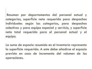 Resumen por departamentos del personal actual y
categorías, superficie neta requerida para despachos
individuales según las categorías, para despachos
colectivos y para equipo especial y servicio, y superficie
neta total requerida para el personal actual y el
equipo.
La suma de espacio resumido en el inventario representa
la superficie requerida. A este debe añadirse el espacio
previsto en caso de incremento del volumen de las
operaciones.
 