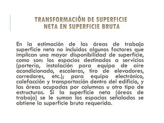 En la estimación de las áreas de trabajo
superficie neta no incluidos algunos factores que
implican una mayor disponibilidad de superficie,
como son: los espacios destinados a servicios
(portería, instalación para equipo de aire
acondicionado, escaleras, tiro de elevadores,
corredores, etc.); para equipo electrónico,
calefacción y transportación dentro del edificio, y
las áreas ocupadas por columnas u otro tipo de
estructuras. Si la superficie neta (áreas de
trabajo) se le suman los espacios señalados se
obtiene la superficie bruta requerida.
 