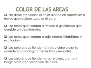  No debe emplearse el color blanco en superficies o
muros que reciban luz solar directa.
 Los tonos que tienden al violeta o gris intenso que
consideran deprimentes.
 Los tonos que tienden al rojo intenso irritabilidad y
excitación.
 Los colores que tienden al verde claro o azul se
consideran psicológicamente fríos y sedantes.
 Los colores que tienden al ocre claro, crema y
beige producen sensación de calor.
 