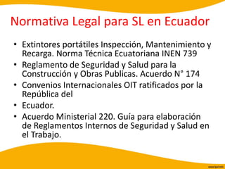 Normativa Legal para SL en Ecuador
• Extintores portátiles Inspección, Mantenimiento y
Recarga. Norma Técnica Ecuatoriana INEN 739
• Reglamento de Seguridad y Salud para la
Construcción y Obras Publicas. Acuerdo N° 174
• Convenios Internacionales OIT ratificados por la
República del
• Ecuador.
• Acuerdo Ministerial 220. Guía para elaboración
de Reglamentos Internos de Seguridad y Salud en
el Trabajo.
 