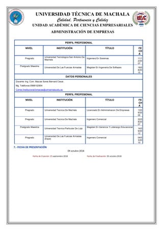 UNIVERSIDAD TÉCNICA DE MACHALA
Calidad, Pertinencia y Calidez
UNIDAD ACADÉMICA DE CIENCIAS EMPRESARIALES
ADMINISTRACIÓN DE EMPRESAS
PERFIL PROFESIONAL
NIVEL INSTITUCIÓN TÍTULO FE
CH
A
Pregrado
Universidad Tecnologica San Antonio De
Machala
Ingeniera En Sistemas 11/1
2/20
07
Postgrado Maestria
Universidad De Las Fuerzas Armadas Magister En Ingenieria De Software 18/0
8/20
15
DATOS PERSONALES
Docente: Ing. Com. Macias Sares Bernard Cesar,
Mg. Teléfonos:0998102904
Correo Institucional:bmacias@utmachala.edu.ec
PERFIL PROFESIONAL
NIVEL INSTITUCIÓN TÍTULO FE
CH
A
Pregrado Universidad Tecnica De Machala Licenciado En Administracion De Empresas 13/0
9/20
05
Pregrado Universidad Tecnica De Machala Ingeniero Comercial 22/0
8/20
07
Postgrado Maestria
Universidad Tecnica Particular De Loja
Magister En Gerencia Y Liderazgo Educacional
14/0
9/20
12
Pregrado
Universidad De Las Fuerzas Armadas
(Espe)
Ingeniero Comercial 04/0
3/20
15
7.- FECHA DE PRESENTACIÓN
09 octubre 2018
Fecha de Creación: 25 septiembre 2018 Fecha de Finalización: 05 octubre 2018
 