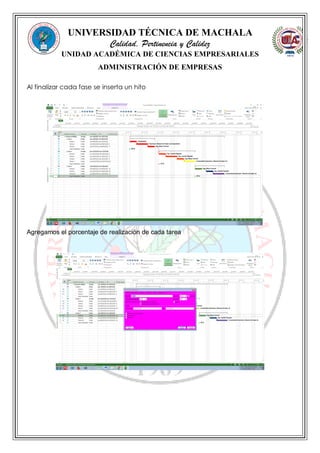 UNIVERSIDAD TÉCNICA DE MACHALA
Calidad, Pertinencia y Calidez
UNIDAD ACADÉMICA DE CIENCIAS EMPRESARIALES
ADMINISTRACIÓN DE EMPRESAS
Al finalizar cada fase se inserta un hito
Agregamos el porcentaje de realización de cada tarea
 
