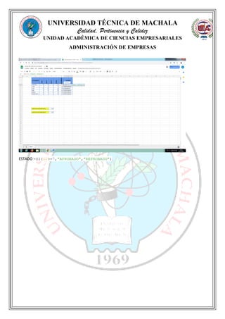 UNIVERSIDAD TÉCNICA DE MACHALA
Calidad, Pertinencia y Calidez
UNIDAD ACADÉMICA DE CIENCIAS EMPRESARIALES
ADMINISTRACIÓN DE EMPRESAS
ESTADO =SI(G2>=7,"APROBADO","REPROBADO")
 