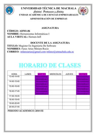 UNIVERSIDAD TÉCNICA DE MACHALA
Calidad, Pertinencia y Calidez
UNIDAD ACADÉMICA DE CIENCIAS EMPRESARIALES
ADMINISTRACIÓN DE EMPRESAS
ASIGNATURA
CÓDIGO: ADM1.06
NOMBRE: Herramientas Informáticas I
AULA VIRTUAL: Herram-InfI
DOCENTE DE LA ASIGNATURA
TITULO: Magister En Ingenieria De Software
NOMBRES: Farez Arias Miriam Rocio
CORREO: mfarezarias@gmail.com mfarez@utmachala.edu.ec
HORA LUNES MARTES MIERCÓLES JUEVES VIERNES
13:45-14:45 Herramientas
Informáticas I
Herramientas
Informáticas I
14:45-15:45 Herramientas
Informáticas I
Herramientas
Informáticas I
15:45-16:45 Herramientas
Informáticas I
Herramientas
Informáticas I
16:45-17:45 Herramientas
Informáticas I
Herramientas
Informáticas I
17:45-18:45
18:45-19:45
19:45-20:45
20:45-21:45
PERIODO ACADEMICO: 2018 D2
 