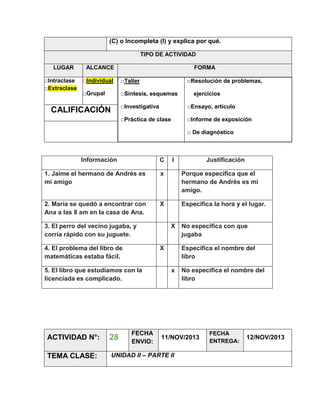 (C) o Incompleta (I) y explica por qué.
TIPO DE ACTIVIDAD
LUGAR
□Intraclase
□Extraclase

ALCANCE

FORMA

□Individual

□Taller

□Grupal

□Síntesis, esquemas

□Resolución de problemas,
ejercicios

□Investigativa

□Ensayo, artículo

□Práctica de clase

CALIFICACIÓN

□Informe de exposición
□ De diagnóstico

Información

C

I

Justificación

1. Jaime el hermano de Andrés es
mi amigo

x

Porque especifica que el
hermano de Andrés es mi
amigo.

2. María se quedó a encontrar con
Ana a las 8 am en la casa de Ana.

X

Especifica la hora y el lugar.

3. El perro del vecino jugaba, y
corría rápido con su juguete.
4. El problema del libro de
matemáticas estaba fácil.

X

X

5. El libro que estudiamos con la
licenciada es complicado.

FECHA
ENVIO:

No especifica con que
jugaba
Especifica el nombre del
libro

x

ACTIVIDAD N°:

28

TEMA CLASE:

UNIDAD II – PARTE II

No especifica el nombre del
libro

11/NOV/2013

FECHA
ENTREGA:

12/NOV/2013

 