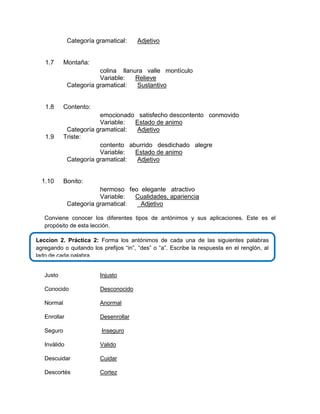 Categoría gramatical:

1.7

Adjetivo

Montaña:
colina llanura valle montículo
Variable:
Relieve
Categoría gramatical:
Sustantivo

1.8

Contento:

1.9

emocionado satisfecho descontento conmovido
Variable:
Estado de animo
Categoría gramatical:
Adjetivo
Triste:
contento aburrido desdichado alegre
Variable:
Estado de animo
Categoría gramatical:
Adjetivo

1.10

Bonito:
hermoso feo elegante atractivo
Variable:
Cualidades, apariencia
Categoría gramatical:
_Adjetivo

Conviene conocer los diferentes tipos de antónimos y sus aplicaciones. Este es el
propósito de esta lección.
Leccion 2. Práctica 2: Forma los antónimos de cada una de las siguientes palabras
agregando o quitando los prefijos “in”, “des” o “a”. Escribe la respuesta en el renglón, al
lado de cada palabra.
Justo

Injusto

Conocido

Desconocido

Normal

Anormal

Enrollar

Desenrollar

Seguro

Inseguro

Inválido

Valido

Descuidar

Cuidar

Descortés

Cortez

 