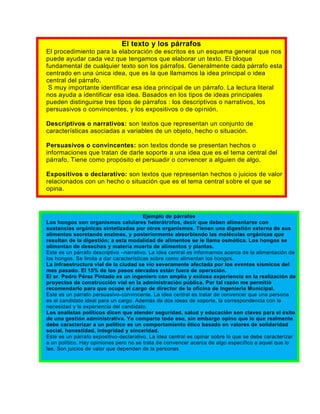 El texto y los párrafos
El procedimiento para la elaboración de escritos es un esquema general que nos
puede ayudar cada vez que tengamos que elaborar un texto. El bloque
fundamental de cualquier texto son los párrafos. Generalmente cada párrafo esta
centrado en una única idea, que es la que llamamos la idea principal o idea
central del párrafo.
S muy importante identificar esa idea principal de un párrafo. La lectura literal
nos ayuda a identificar esa idea. Basados en los tipos de ideas principales
pueden distinguirse tres tipos de párrafos : los descriptivos o narrativos, los
persuasivos o convincentes, y los expositivos o de opinión.
Descriptivos o narrativos: son textos que representan un conjunto de
características asociadas a variables de un objeto, hecho o situación.
Persuasivos o convincentes: son textos donde se presentan hechos o
informaciones que tratan de darle soporte a una idea que es el tema central del
párrafo. Tiene como propósito el persuadir o convencer a alguien de algo.
Expositivos o declarativo: son textos que representan hechos o juicios de valor
relacionados con un hecho o situación que es el tema central sobre el que se
opina.

Ejemplo de párrafos
Los hongos son organismos celulares heterótrofos, decir que deben alimentarse con
sustancias orgánicas sintetizadas por otros organismos. Tienen una digestión externa de sus
alimentos secretando enzimas, y posteriormente absorbiendo las moléculas orgánicas que
resultan de la digestión; a esta modalidad de alimentos se le llama osmótica. Los hongos se
alimentan de desechos y materia muerta de alimentos y plantas.
Este es un párrafo descriptivo –narrativo. La idea central es informarnos acerca de la alimentación de
los hongos. Se limita a dar características sobre como alimentan los hongos.
La infraestructura vial de la ciudad se vio severamente afectada por los eventos sísmicos del
mes pasado. El 15% de los pasos elevados están fuera de operación.
El sr. Pedro Pérez Pintado es un ingeniero con amplia y exitosa experiencia en la realización de
proyectos de construcción vial en la administración pública. Por tal razón me permitió
recomendarlo para que ocupe el cargo de director de la oficina de Ingeniería Municipal.
Este es un párrafo persuasivo-convincente. La idea central es tratar de convencer que una persona
es el candidato ideal para un cargo. Además da dos ideas de soporte, la correspondencia con la
necesidad y la experiencia del candidato.
Los analistas políticos dicen que atender seguridad, salud y educación son claves para el éxito
de una gestión administrativa. Yo comparto todo eso, sin embargo opino que lo que realmente
debe caracterizar a un político es un comportamiento ético basado en valores de solidaridad
social, honestidad, integridad y sinceridad.
Este es un párrafo expositivo-declarativo. La idea central es opinar sobre lo que se debe caracterizar
a un político. Hay opiniones pero no se trata de convencer acerca de algo específico a aquel que lo
lee. Son juicios de valor que dependen de la personas

 