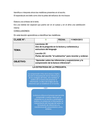 Identifica e interpreta ahora las metáforas presentes en el escrito.
El espectáculo era bello como dice la polea del esfuerzo de mis brazos

Elabora una síntesis de lo leído.
Era una bebida tan especial que podría ser en el cuerpo y en el alma una satisfacción
interna

CONCLUSIONES:
En esta lección aprendimos a identificar las metáforas.

CLASE N°:

TEMA:

9

FECHA:

11/NOV/2013

Lecciones 20:
Uso de la pregunta en la lectura y coherencia y
estructura del lenguaje
Lección 21:
Partes del escrito "el submarino" para recortar y ordenar.

OBJETIVO:

“Aprender sobre las inferencias y suposiciones y la
comprensión de la lectura inferencial”.
LA ESTRATEGIA DE LA PREGUNTA.

La comprensión crítica de la lectura implica
no solo la interpretación de las inferencias y
de las analogías del texto, sino también el
análisis de la manera de presentar la
información, es decir de la lógica de las
relaciones que se establecen en el escrito.

La lectura crítica es el proceso que permite
comprender y evaluar ideas que se
presentan en un escrito y contempla el
análisis y la síntesis de la información, la
interpretación del mensaje del autor, la
formulación de inferencias y la
transferencia del conocimiento a otros
ámbitos.

 